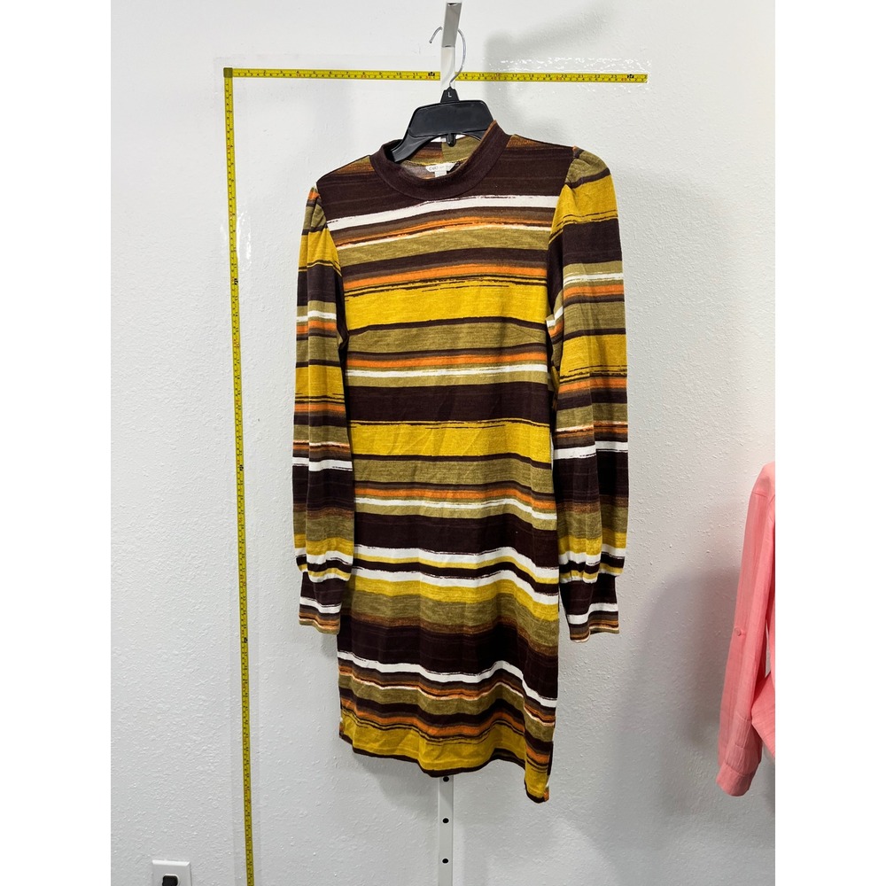 Cato Womens Medium Brown Mustard Yellow Striped Mock Neck Long Sleeve Mini Dress